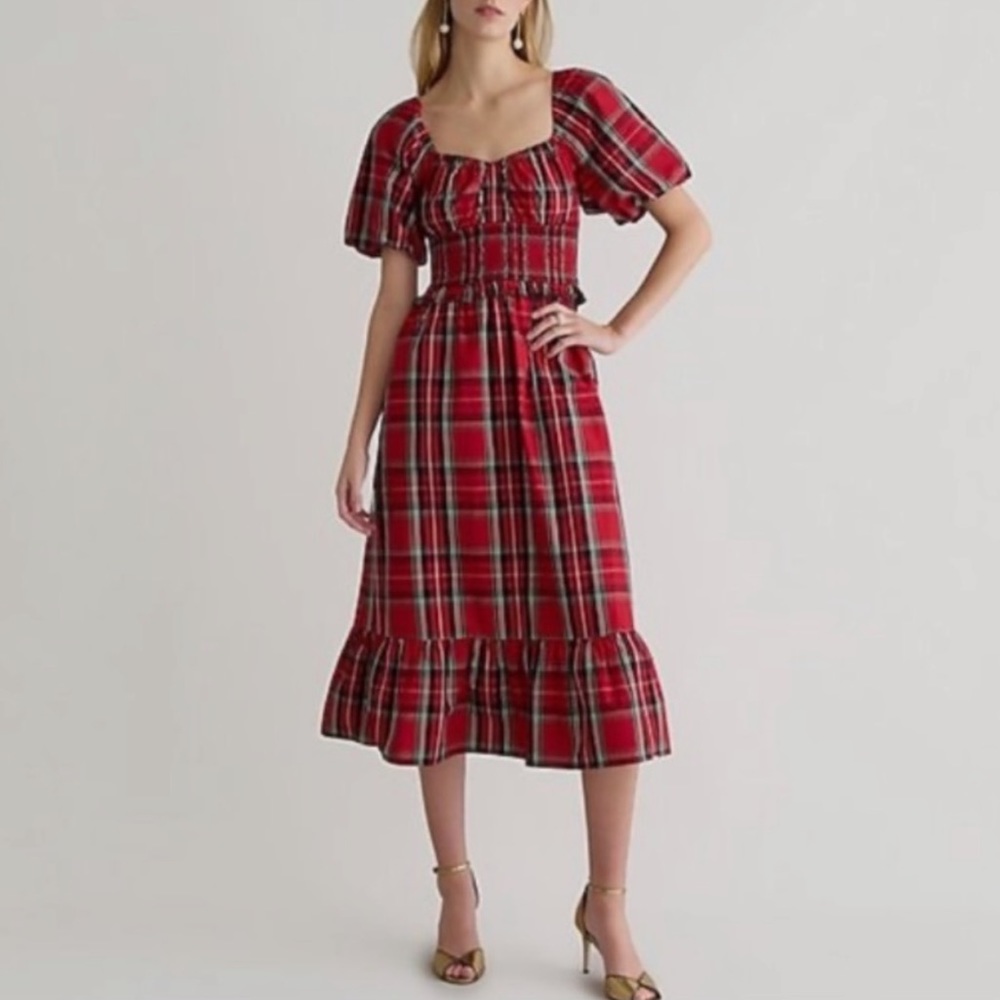 J.Crew Smocked puff-sleeve cotton poplin midi dress in Good Tidings plaid